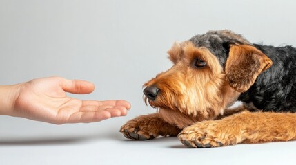 Welsh terrier dog looking at owner's hand during training session