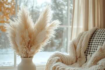 Elegant pampas grass arrangement in a cozy living room with winter scenery outside