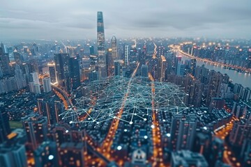 Obraz premium Aerial view of a modern city skyline with digital network connections during twilight hours
