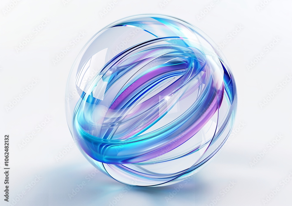 Fototapete abstract transparent glass sphere with blue and purple lines on white background, 3d rendering illus