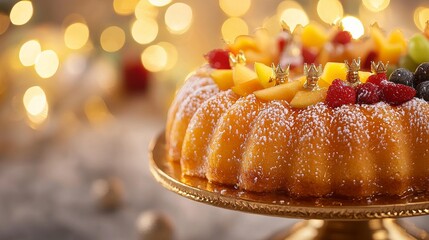 Obraz premium Close-up of a slice of Rosca de Reyes cake, vibrant candied fruits glistening, topped with almonds on a pristine porcelain plate, a small golden crown beside