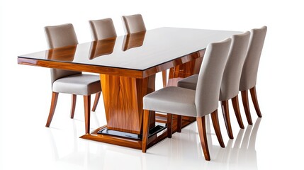 Sleek modern dining table set, featuring a polished wooden surface and minimalist fabric chairs, isolated on a white background, elegant and contemporary