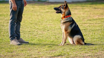 German shepherd dog training and socialization with trainer outdoors