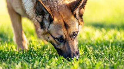 German shepherd dog sniffing grass in a sunny park during training socialization