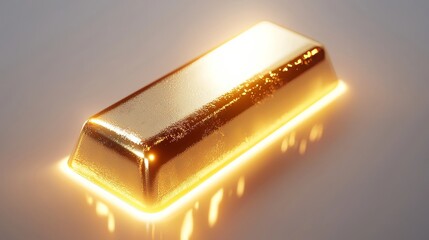 A single gold bar surrounded by glowing light, isolated on a pure white background, rich metallic texture and sharp reflections