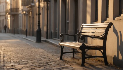 Empty bench basking in the golden glow of sunset on a quiet cobblestone street in a charming historic neighborhood