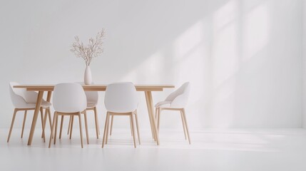 Minimalist modern dining set with wooden table and fabric chairs, perfect for interior design ads, clean white background