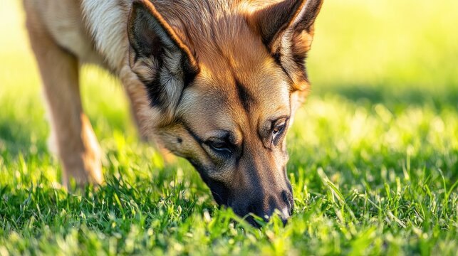 German shepherd dog sniffing grass in a sunny park during training socialization - Powered by Adobe