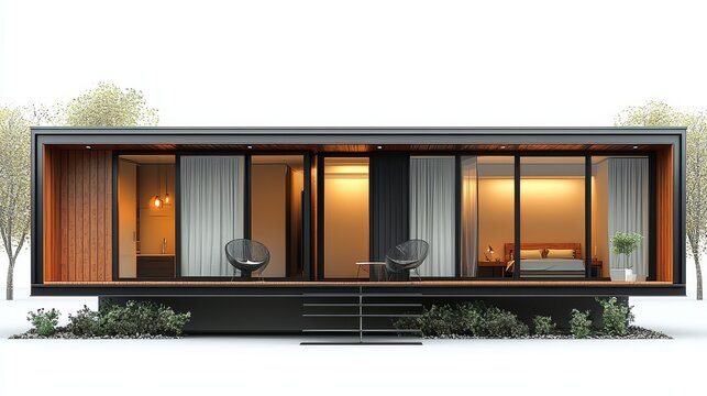 3D rendering of a compact modern house, isolated, crisp white backdrop, sleek and simple design for real estate promotion