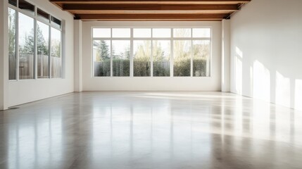 Obraz premium An empty room featuring large windows letting in ample daylight with a modern aesthetic, perfect for creativity and imagination encompassing a sense of freedom.