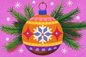 A vibrant holiday ornament hangs gracefully among pine branches, celebrating the festive spirit of winter