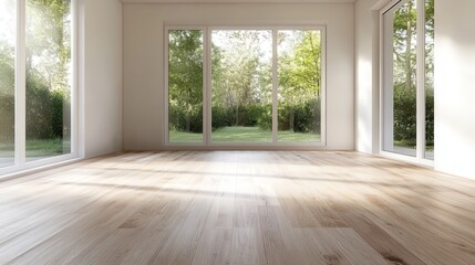 A serene empty room flooded with natural light through large glass walls, highlighting beautiful wooden flooring and offering expansive views of surrounding lush greenery.