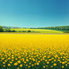 Obraz premium a vibrant yellow field with blue sky in the background, bordered by a line of parked cars.