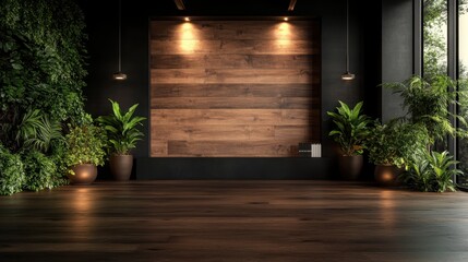 An elegant minimalist wooden room features potted plants on the sides, set against a stylish wooden backdrop illuminated by subtle overhead lighting.