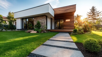 Naklejka premium A contemporary house featuring a sleek wooden exterior, large windows, and a beautifully manicured lawn adorned with a precisely placed stone pathway.