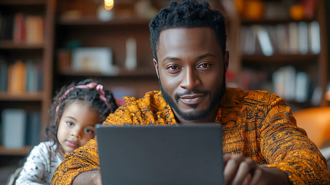 African-American man working on laptop with his daughter beside him, depicting family bonding and modern work-from-home life - Powered by Adobe