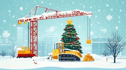 Yellow construction vehicle with crane decorating a Christmas tree in snowy cityscape.