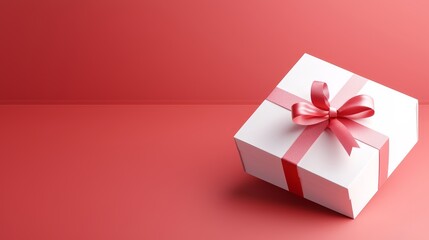 Fototapeta premium Modern 3D rendering of a gift box with a red ribbon, open and casting shadows on a smooth red background, minimal concept with space for branding
