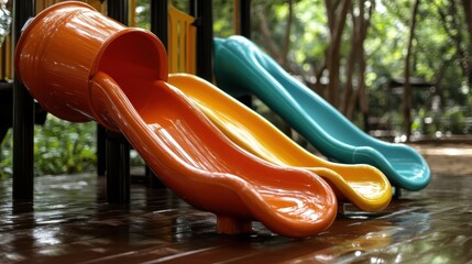 A playful scene featuring vibrant orange, yellow, and teal slides set in a lush park. The shiny surfaces and bright colors invite excitement and fun.