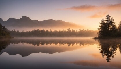 Obraz premium Ethereal sunrise over tranquil waters reflecting misty pines in a serene forest landscape at dawn