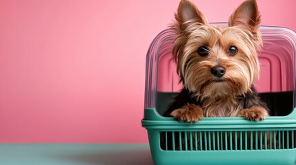 Yorkshire Terrier sitting inside a turquoise and pink pet carrier against a pink background, showcasing its cute and playful nature with a curious expression.