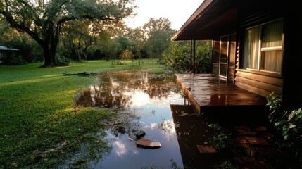 Obraz premium A rustic cabin with water reflecting the sunset in the backyard, surrounded by nature, symbolizing tranquility and the timeless beauty of rural living.