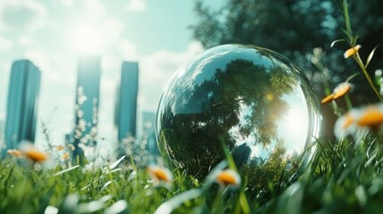 A reflective sphere captures the city skyline, nestled among grass and daisies, blending urban and natural beauty on a warm, sunny day in the park.