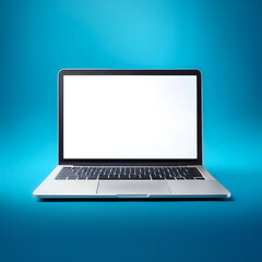 Laptop with bright white screen, background concept isolated on light blue background