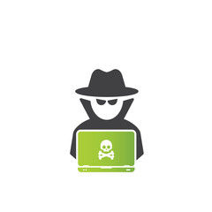 Hacker at laptop icon. Flat illustration of hacker at laptop vector icon for web design	