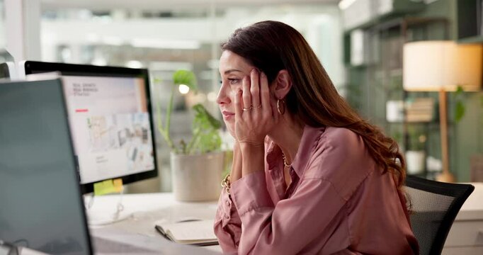 Bored, entrepreneur and woman in office, computer and fatigue for project, tired and thinking of overtime. Stress, exhausted and person with anxiety, frustrated and publisher in business and burnout