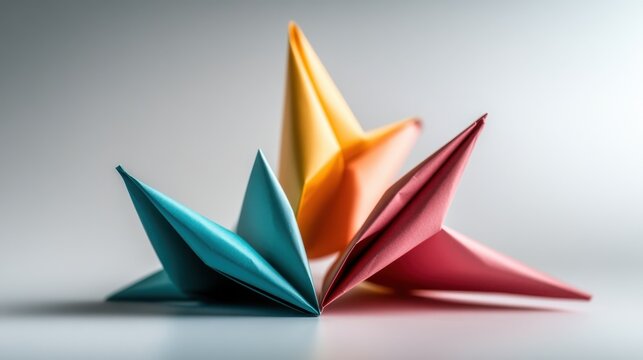 Three colorful origami pieces—blue, orange, and red—are neatly arranged on a smooth gray surface, showcasing creativity and precision in paper art design.