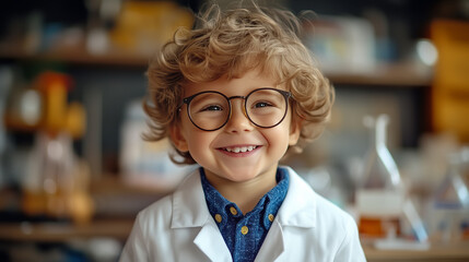 boy 3 years old transform to be a professor, He wearing white professor custom and glasses, Taken shot at mini science lab, He was laughing