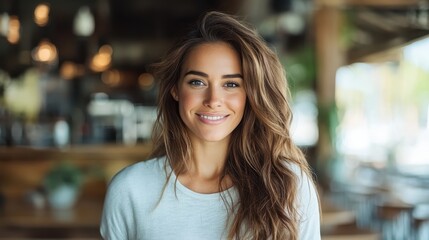 A charming woman with wavy hair smiles brightly in a bustling restaurant, embodying charisma and enjoyment, creating an inviting and lively dining experience atmosphere.