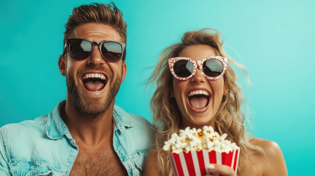 A cheerful couple wearing colorful sunglasses shares a tub of popcorn, their expressions filled with pure joy against a bright background, radiating happiness and fun. - Powered by Adobe