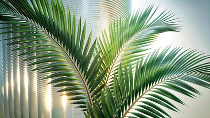 Green palm with reeded glass. Ribbed Background. White Reeded Glass. Plant leaves. Pure aesthetic behind frosted panel for modern beauty illustration. Luxury cosmetic wall with summer decoration.