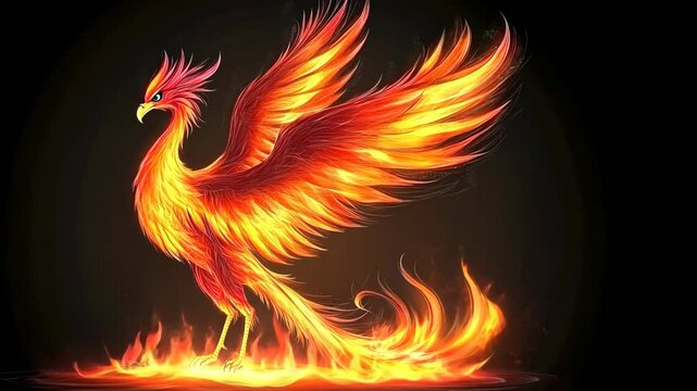 A fiery phoenix with outstretched wings stands on a bed of flames against a black background