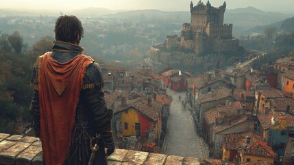 A knight overlooking a medieval castle.