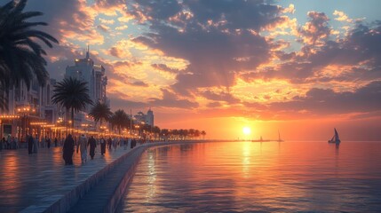 Strolling along Jeddah Corniche at sunset.