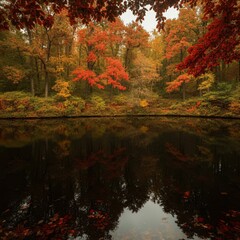 Quiet forest lake surrounded by autumn trees with leaves in shades of red and gold