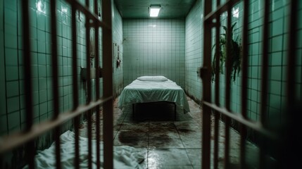 A stark, dimly lit prison cell with a single bed under a fluorescent light, showcasing a worn and slightly disheveled sheet on the floor, evoking bleakness and austerity.