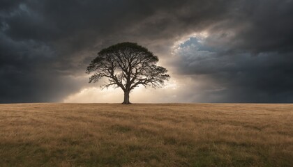 A solitary oak tree stands resilient against a backdrop of dark storm clouds over golden grassy fields at dusk