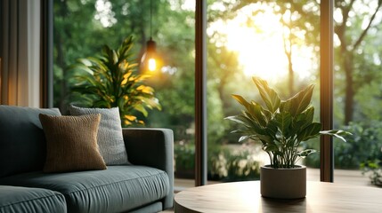 A cozy studio room that opens up to a lush green outdoor view, bathed in warm sunlight, prominently featuring a comfortable couch and indoor plants.