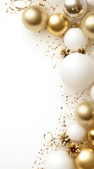 Fototapeta premium A vibrant background featuring white and gold balloons enhanced by sparkling confetti, creating a cheerful atmosphere for a celebration