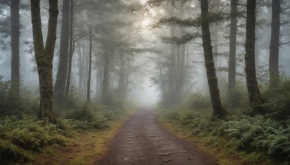 Obraz premium A misty morning walk along a serene forest path, surrounded by towering trees and fading sunlight in a tranquil woodland setting