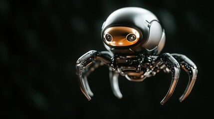 A highly detailed and futuristic robotic spider features glowing eyes and metallic limbs, blending advanced technology with innovative design in a compelling manner.