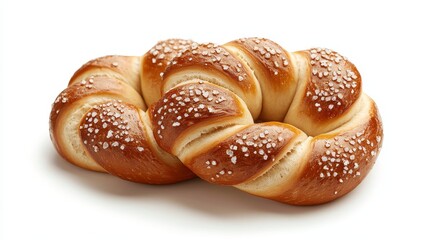 Close-up of a shiny, freshly baked pretzel with twisted knots, deep brown crust and white salt crystals, placed on a crisp white background