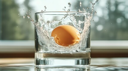A mesmerizing image capturing the striking moment an egg splashes into a clear glass of water, with droplets and ripples adding dynamic movement.