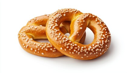 Close-up of a golden-brown pretzel, isolated on white background, perfect for bakery advertisement, crisp texture and salt crystals visible, clean minimal design