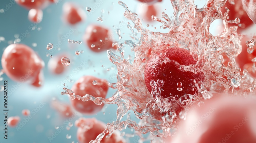 Poster a red spherical object bursts with water, creating a dynamic motion explosion that captures the esse