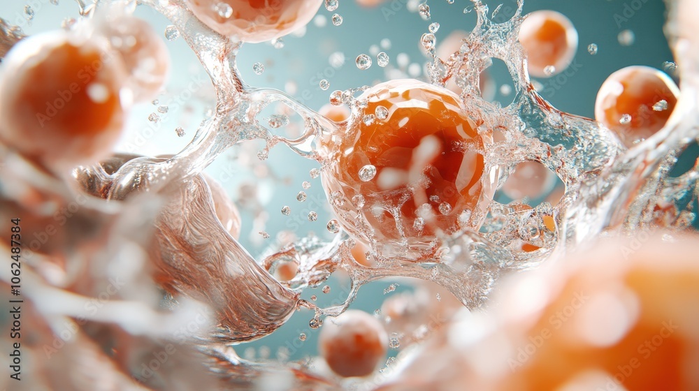 Poster orange spheres intertwine with dynamic waves of liquid, creating a stunning visual representation of